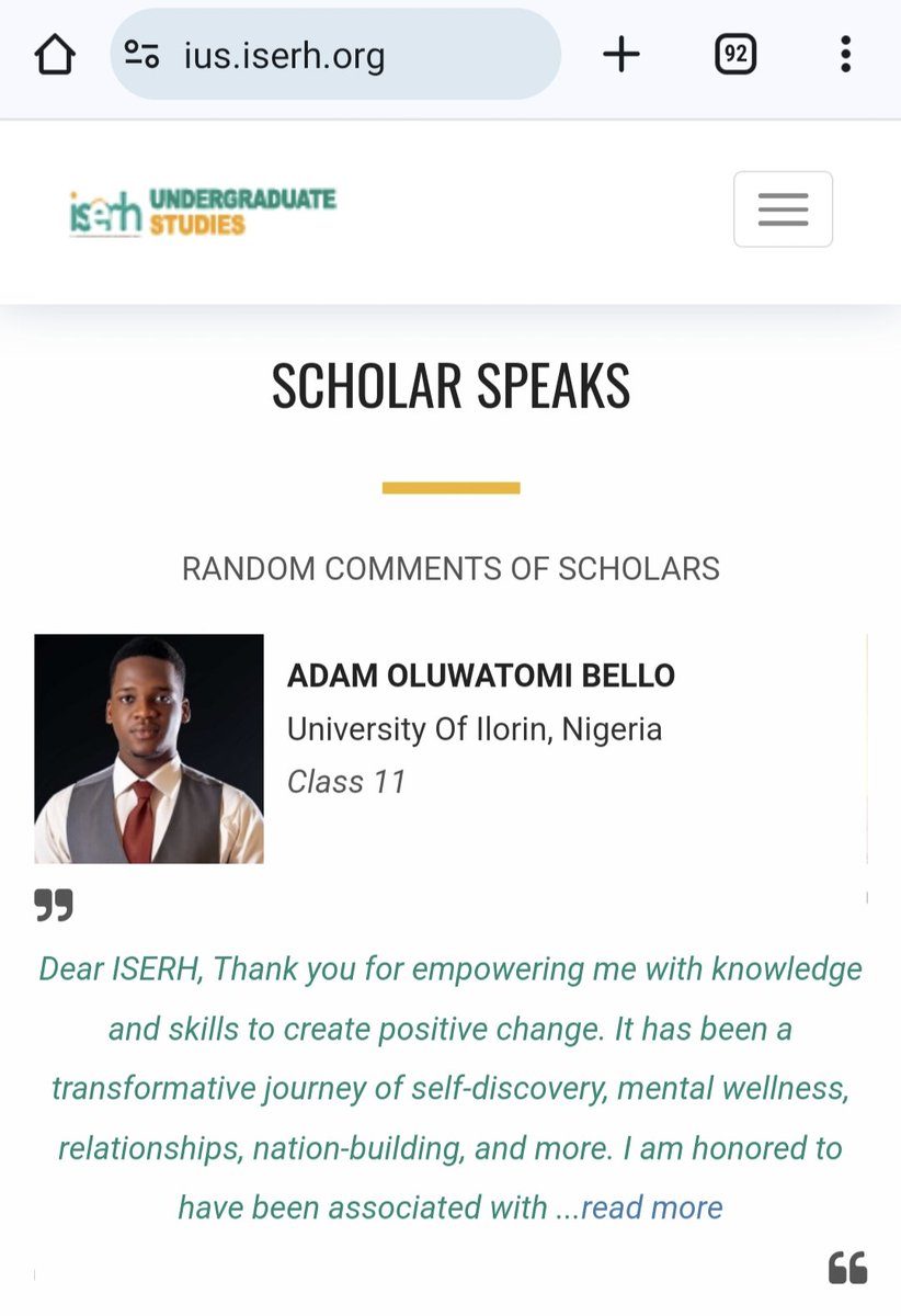 iserhnigeria's tweet photo. "Attention, world! Allow me to introduce you to the life-changing course offered by ISERH . It empowers individuals to create positive change in society. Don't miss out..."
✍🏻 Adam Bello @theadambello
Mechanical Engineering Student
@UnilorinNGR
#ISERHScholarSpeaks #IUSClass11 https://t.co/IWjT8c2gyz