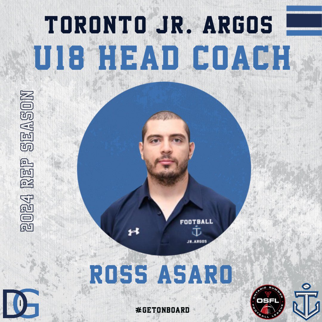 2024 U18 Rep Tackle 
Ross Asaro
Head Coach 

Coach Ross is excited to return &amp; lead the U18 Jr Argos in 2024. The last time Coach Ross was with this age group as the OC in ‘17, the team won the OFC Championship. He is looking to bring home the hardware once again! 
#GetOnBoard ⚓️