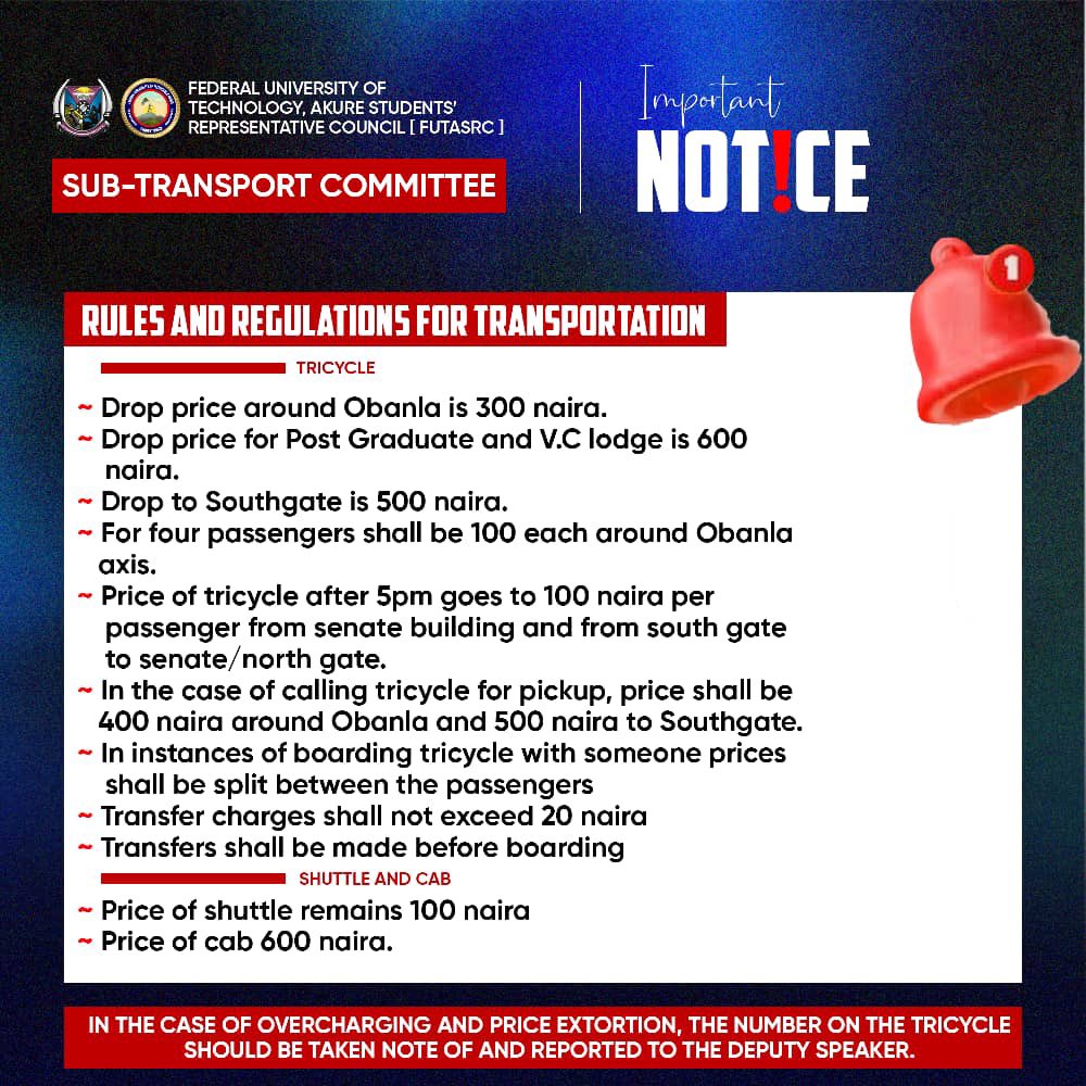 FUTASRC's tweet photo. NOTIFICATION OF NEW RULES AND REGULATIONS FOR TRANSPORTATION ON CAMPUS
#FUTA #FUTASRC #LEGISLATORS https://t.co/mIIXpKhXwp