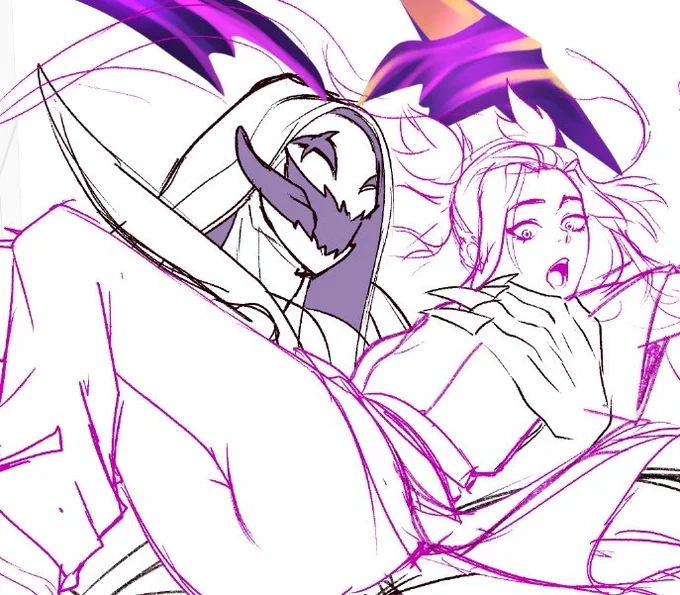 WIP for a big Heartsteel Zine illustration where Phel's sister got stolen   I hope the police is going to find her soon   #Heartsteel #Aphelios #Kayn #LeaguefLegends