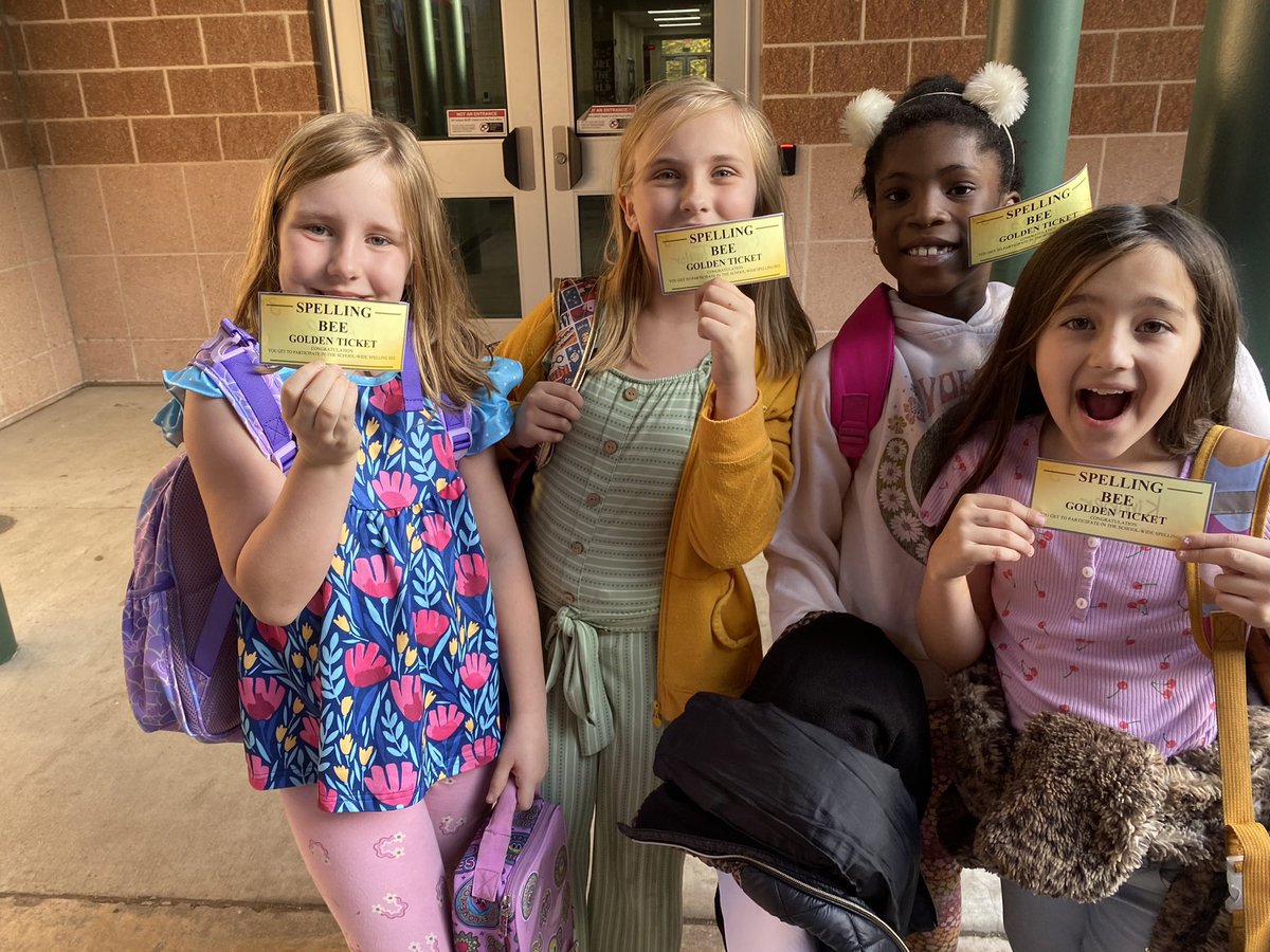 Four 3rd graders from Spelling Bee Club received GOLDEN TICKETS to skip their classroom and grade-level bees and go straight to participating in our campus Spelling Bee on 12/11. Watch out 4th & 5th!! 🐝 #GirlPower #ProudTeacher