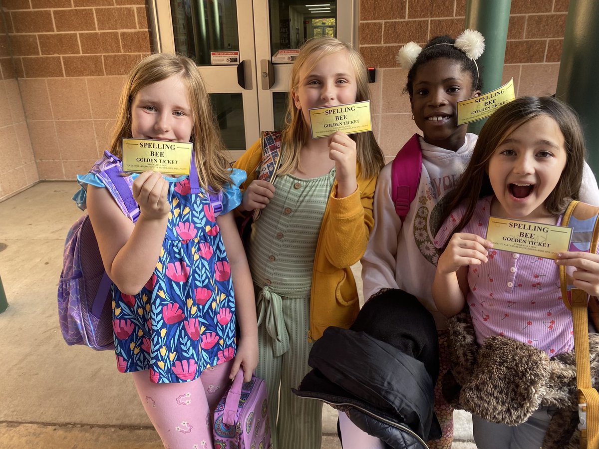 msbrauchle's tweet photo. Four 3rd graders from Spelling Bee Club received GOLDEN TICKETS to skip their classroom and grade-level bees and go straight to participating in our campus Spelling Bee on 12/11. Watch out 4th &amp; 5th!! 🐝 #GirlPower #ProudTeacher https://t.co/OQTGYUhnb2