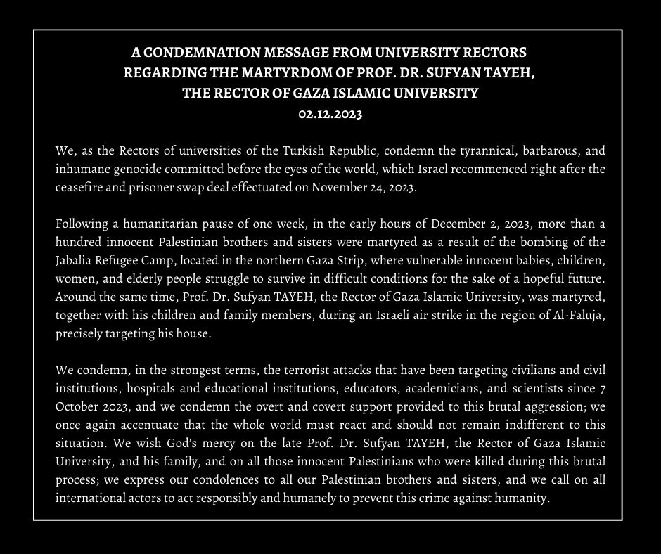 Üniversite Rektörlerinden Gazze İslam Üniversitesi Rektörü Prof. Dr. Sufyan Tayeh'in Şehit Edilmesiyle İlgili Kınama Mesajı