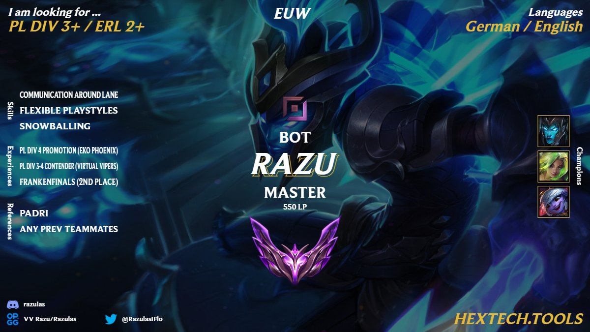 While still playing playoffs for <a href="/VirtualVipersgg/">VirtualVipers</a>, they have allowed me to explore further options for the upcomming split.
I mainly look for PL Division 3 / ERL2, but im also open for any other projects. 

Thankful for every❤️&amp;🔁