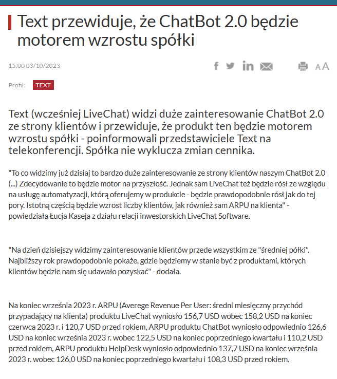 RobertPietraga's tweet photo. #WeekendoweAnalizy 🇵🇱 #akcje
2/2
🔸 #text
Pewnym sygnałem fundamentalnym może być poniższy komentarz spółki z października bierzącego roku, dotyczący prognoz roli ChatBot 2.0 w kształtowaniu wyniku finansowego.
Fragment materiału poniżej: ⬇️ źródło: #infostrefa
Czy zatem w wynikach zobaczymy coś co będzie mogło wpłynąć na realizację poniższego scenariusza ?
Zachęcam do własnych analiz i podzielenia się swoimi opiniami w komentarzach.
#ike #ikze #text