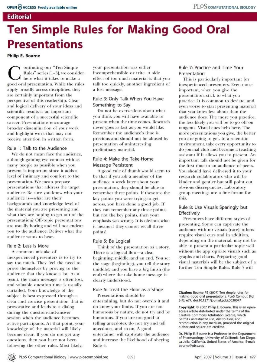 DrasmaJabeen1's tweet image. Ten simple Rules for making good oral presentation journals.plos.org/ploscompbiol/a…