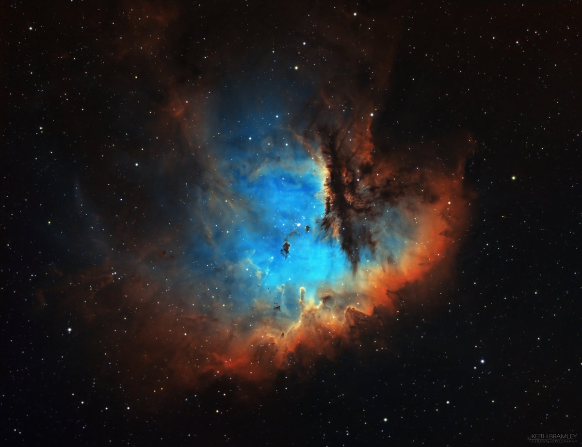 KeefBram's tweet photo. Here  is SH2-184 The Pacman Nebula, a total of 20 hours integration with SII,  Ha and OIII. I just love the Bok Globules, especially the one that  looks like a cooked chicken in the middle. #Astrophotography #nebula https://t.co/DBnch4SsDI