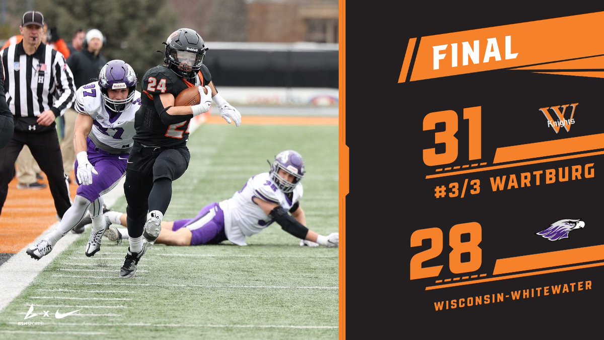 Knights win! 🔥

No. 3/3 Wartburg 31, No. 5/6 UW-Whitewater 28. 

Nile McLaughlin: 301 yards, 3 TDs.
Hunter Clasen: 117 rushing yards, 1 TD; 45 receiving yards, 2 TDs
Carter Henry: 79 yards, 1 TD.
Parker Rochford: 11 tackles

#d3fb