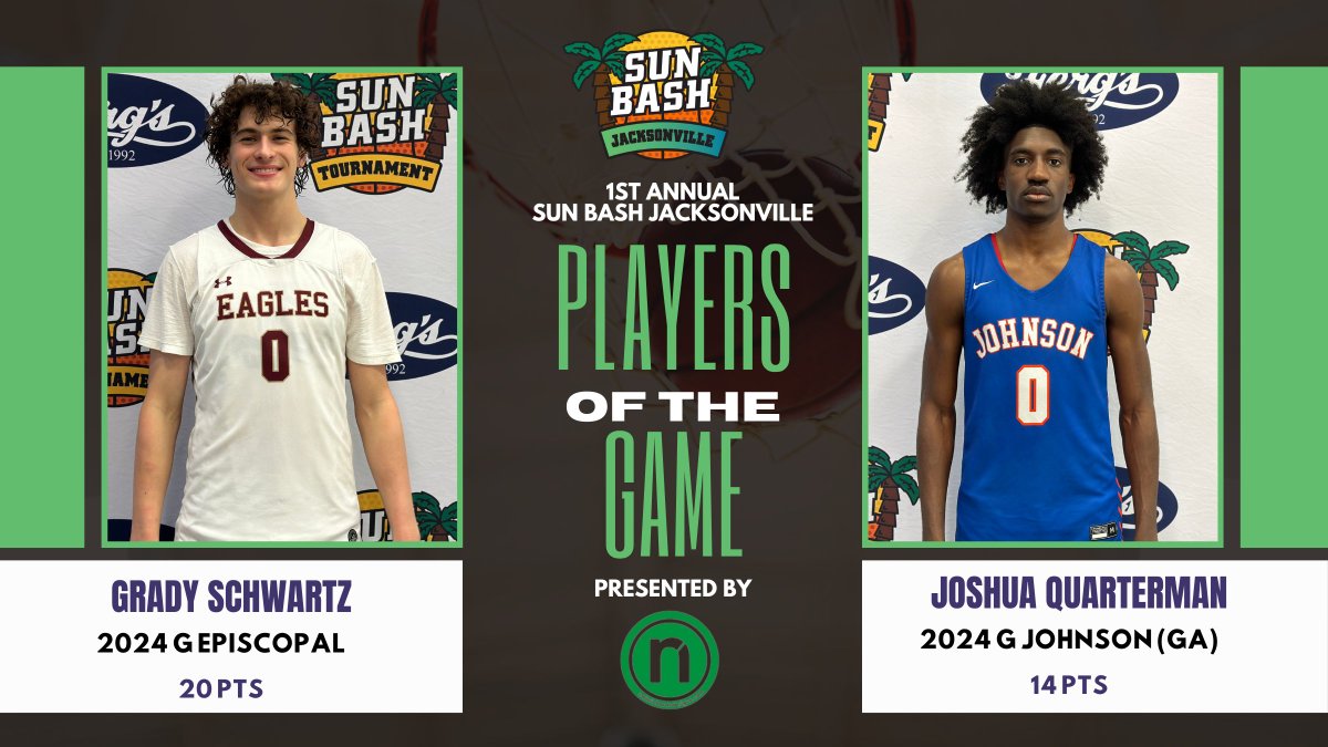 Game 6: <a href="/sunbashtourney/">Sun Bash</a> Jacksonville

Players of The Game

Left: 2024 G Grady Schwartz (Episcopal) was active around the basket and tough to slow down. Smooth finisher with his length and burst.

Right: 2024 G Joshua Quarterman (Johnson) is a true leader and a skilled mid-range