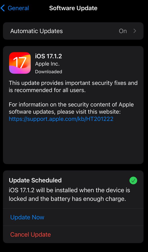 #Apple just released #iOS 17.1.2 with #security patches for major #vulnerabilities that are reportedly already being exploited. The flaws disclose sensitive information or allow an attacker to execute #malicious code on your phone.  #Macbook is also vulnerable . Update ASAP