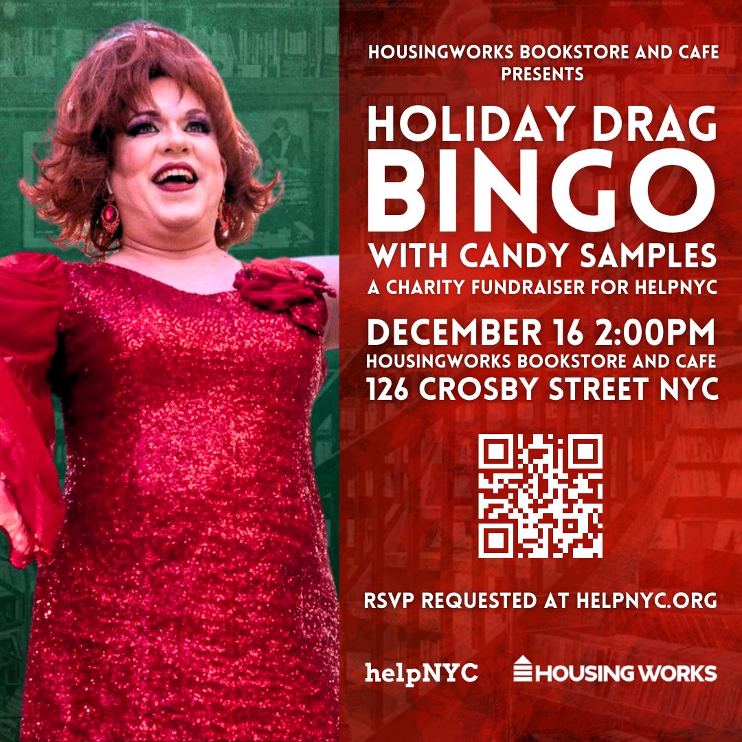 🎁 Join us at the @HousingWorks #Bookstore &amp; #Cafe for Holiday #DragBINGO with @candysamples on 12/16 at 2:00p! 🎄

Come do some #HolidayShopping and win some fabulous #BINGO Prizes!

RSVP Requested at helpNYC.link/bingo!

#nycevents #nycdrag #nyc #soho