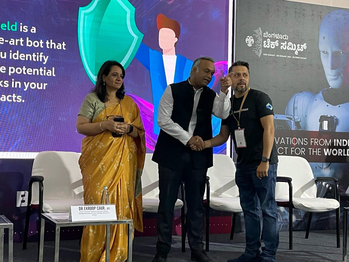 Secure_DApp's tweet photo. π SecureDApp Unveiled at Bengaluru Tech Fest 2023 π
π We're thrilled to share that SecureDApp's #Solidityshield was unveiled by honourable Minister @PriyankKharge organised by the @ITBTampa (IT BT Department, Karnataka) at the esteemed @blrtechsummit (Bengaluru Tech Fest 2023!) π₯
Our cutting-edge security solution was among the few elite brands unveiled, highlighting our commitment to revolutionizing security in the #blockchaintech space π‘οΈ
π A huge thank you to @CySecKCoE for the incredible opportunity and to everyone whose support has brought us this far. Your belief fuels our drive to redefine security in decentralized technology π
πΈ Here are some glimpses of the momentous event, where @SecureDApp took centre stage! π
Thank you for being part of our journey towards a safer, more secure tech landscape. Stay tuned for more exciting updates! π
Also, it was wonderful listening & and interacting with Mr. Dilip Chenoy CA , Aishwary Gupta, R Venkatesh (Venkat) about the ever-evolving landscape in blockchain space ππ‘οΈ
Thanks to Naveen Belgode, Shivaling Salakki, Utkarsh Bhargava & and Shiva for making the day special ππ»
#SecureDapp