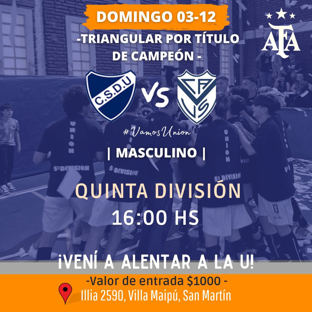 ⚽️ ¡Mañana juegan los pibes ! 😎

👉 La Quinta División División enfrentará a Vélez Sarsfield por el Triangular por el título de campeón 💙 

🏟️ Almafuerte 

¡Vení a alentar a la “U”!