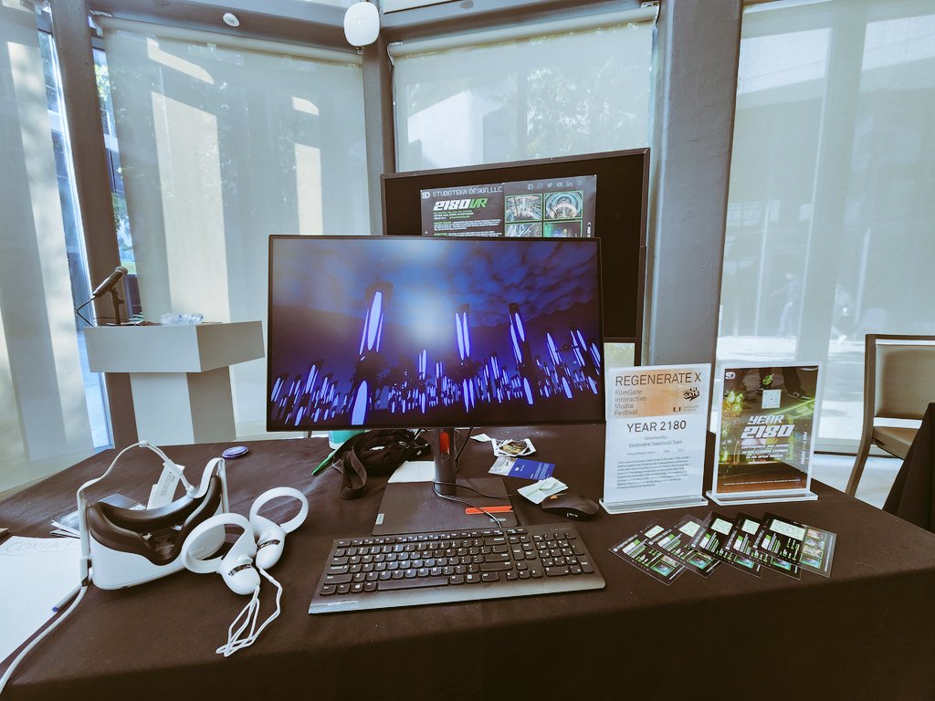EphemeralMedia's tweet photo. Some more #AI , #VR , #XR , #AR interactive projects at #fgi2023 ,including new cyberpunk utopian dystopian VR videogame that I inevitably played in my own way (jumping off buildings) 😅 #GenerativeAI #diffusion #midjourney #videogames https://t.co/9uckwfMnmX