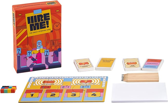 Ooooh look! <a href="/MandelaFG/">Mandela F-G</a> and I have a new game out! Hire Me is a party game in which the active player is being interviewed for a job. However, none of the interviewers knows what role they're interviewing for - and they have to try to work it out. 
amazon.co.uk/Hire-Me-Interv…