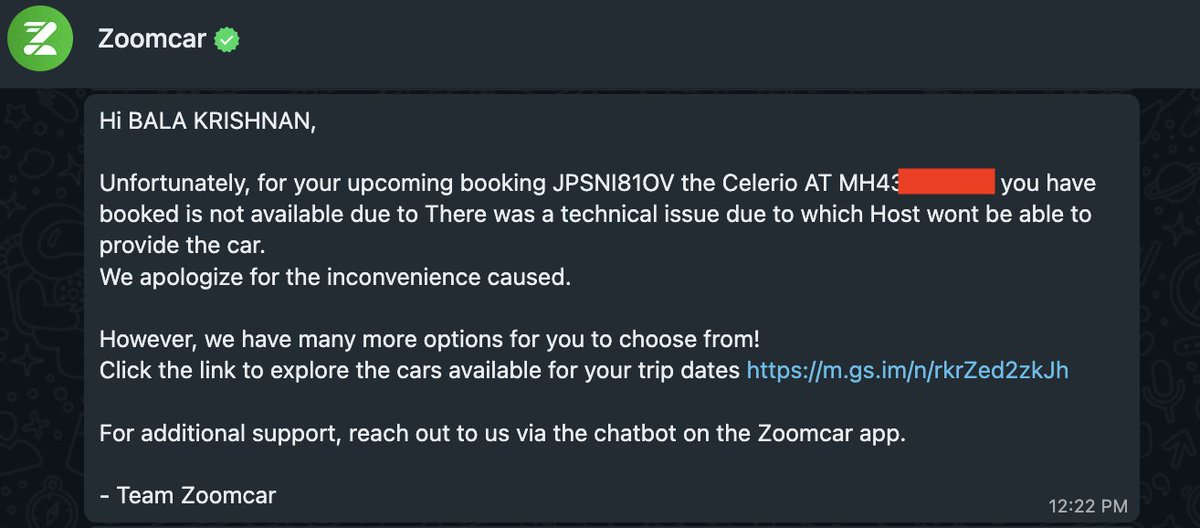 balakrishmit's tweet photo. @Zoomcar_India Aftr left stranded by ur host for 1hr, u gav the only option to change car which I took. But u finaly send me invoice with a Modification charg of Rs700! 15 days aftr I request for an explanation, you still give me a canned response that charges vary for cars. 1/2 https://t.co/9BGCJYwJjF