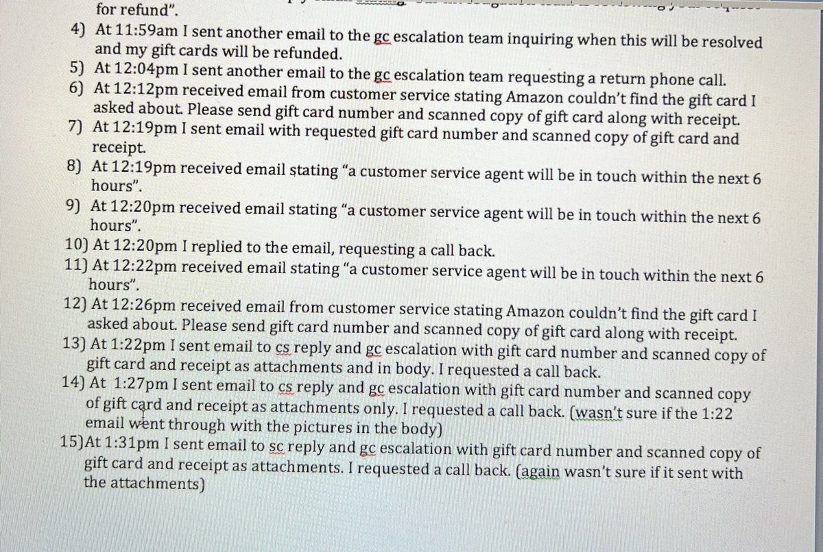 seanking4223's tweet photo. @amazon @bbb_us Day 7 of Amazon withholding gift card funds based on false claims.  Check out all the timeline and communication. Best item was customer service supervisor shared that escalation team cannot be contacted and has no leadership. https://t.co/KgyQc1oz7t