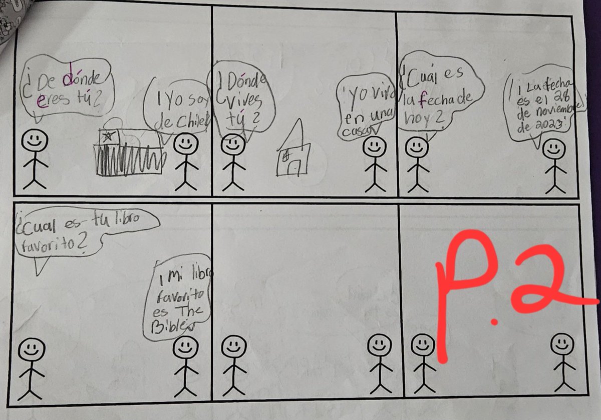 SraChupnick's tweet photo. Gr4 students @RandallstownE made comic strips in Spanish to show their "interview with a new student" &amp; used their ELA writing skills. 
@BCPS_Passport @OWLteamBCPS @bcpstv @MyriamYarbrough @BCPS_ELA #MarylandSealOfBiliteracy #CollegeAndCareerReady #LanguageIsLiteracy https://t.co/xModhyv5sY