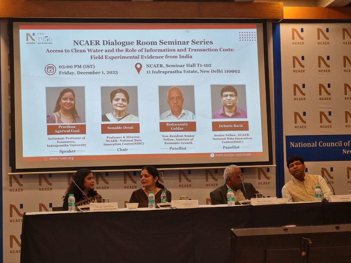 prarthnagl1's tweet photo. It was a pleasure discussing our joint work on ‘Information &amp; enabljng access to clean water’ with @RashmiBaruaEcon @NCAER. Thanks for the invite and constructive discussions @SonaldeDesai Prof BN Goldar &amp; @DebasisBarik25 #JJMAssam #JJM https://t.co/iAwS5z72k3
