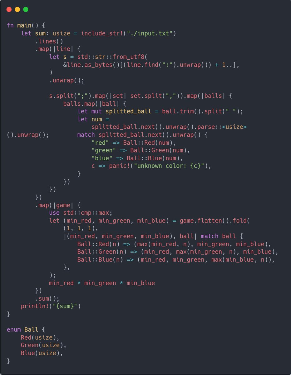 Resolvi fazer o advent of code esse ano em rust, e eu tô adorando usar iterators ao invés de loops
É bem diferente do que tô acostumado 

A linguagem é muito divertida e viciante, mas os códigos produzidos são bem complicados de ler, imo 

As minhas soluções tão no meu GitHub