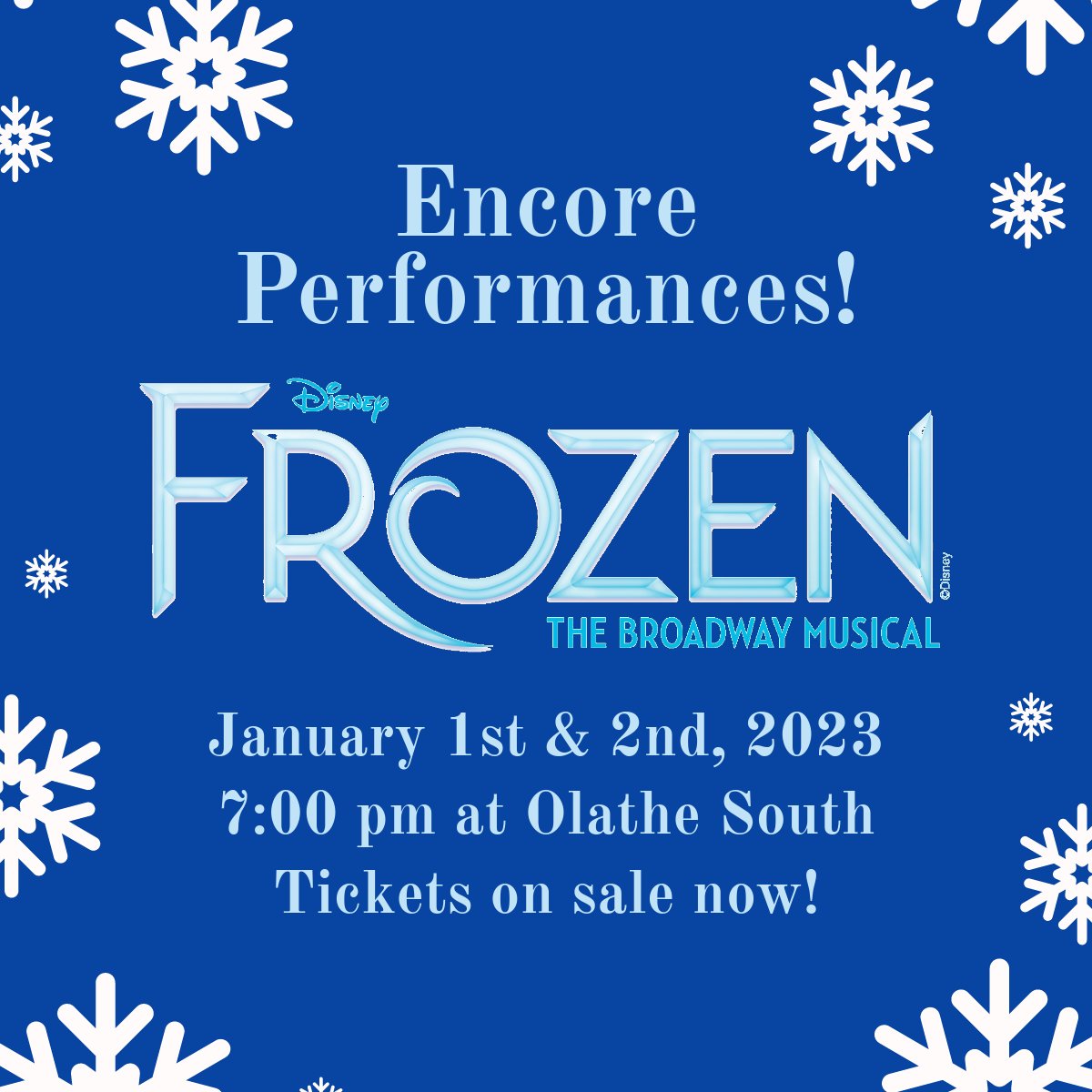 Great news, friends! Come see the magic again and send off the cast and crew to state! Get your tickets now! frozenpremiereks.com <a href="/olatheschools/">Olathe Public Schools</a>