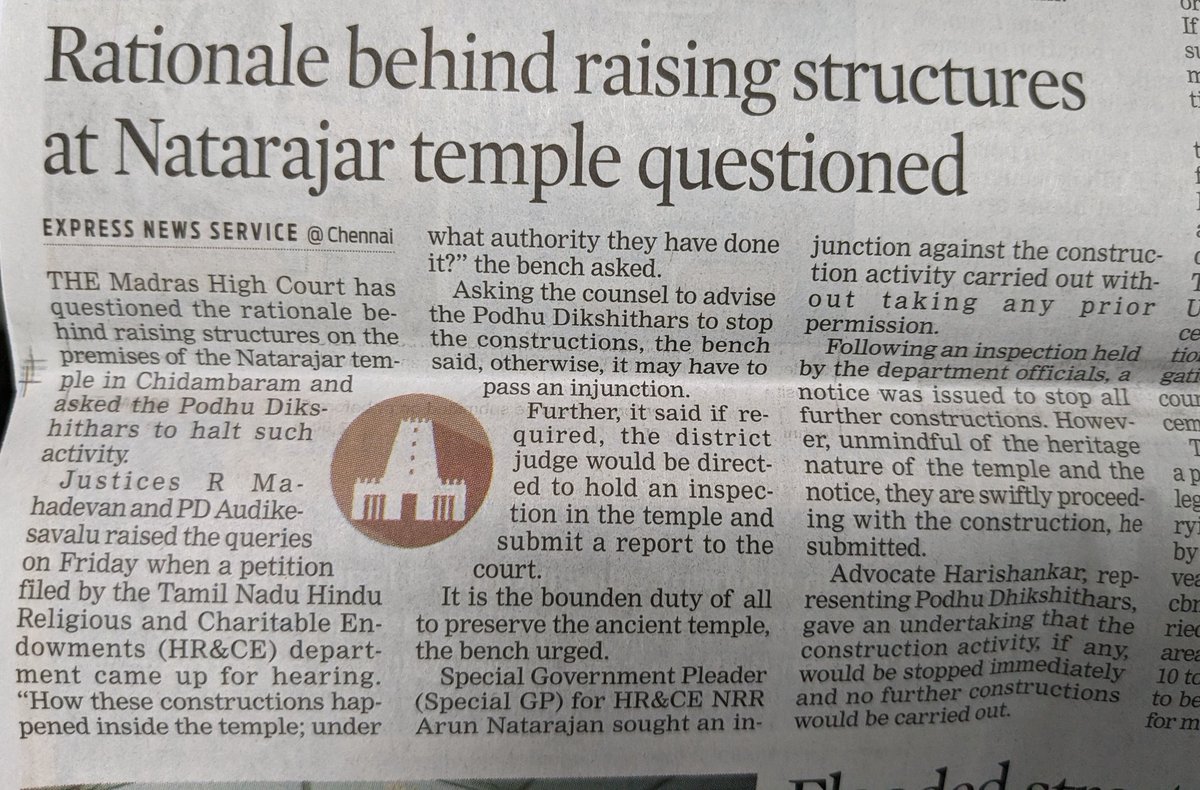 #MHC questions the authority of the Podhu Dikshitars authority to build structures inside Natarajar Temple.