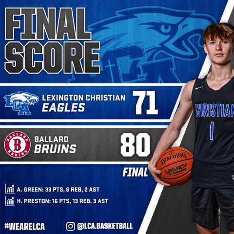 @LCABball comes up short against a good Ballard team. Back at it Tuesday at Tates Creek for a big district battle.