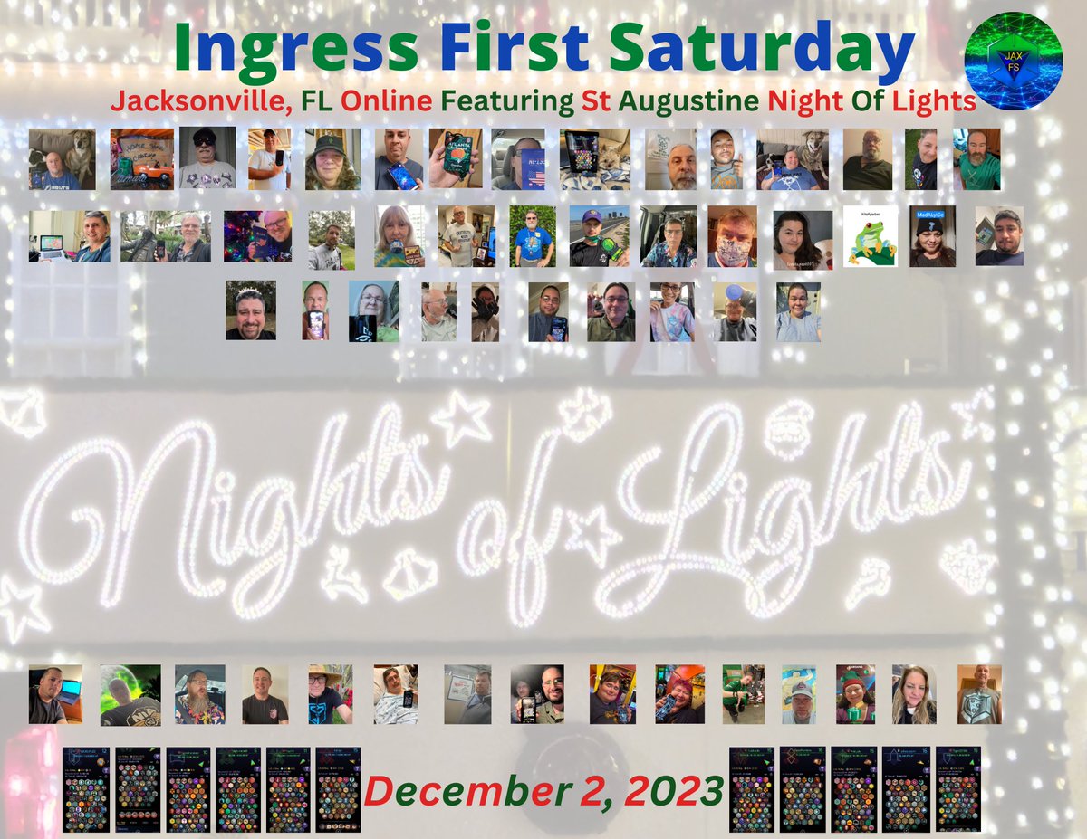 ryost2005's tweet photo. Ingress First Saturday 12/2/23 Jacksonville, FL featuring the St Augustine Nights Of Lights.  #ingressfs @ingress https://t.co/WUeeV64C7H