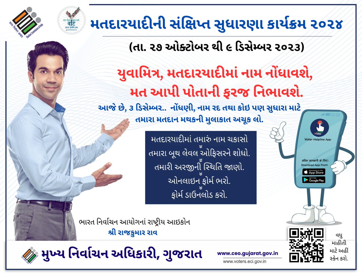 આજે છે, ૩ ડિસેમ્બર..  નોંધણી, નામ રદ તથા કોઇ પણ સુધારા માટે તમારા મતદાન મથકની મુલાકાત અચૂક લો. શું દેશનું ફોર્મ ભર્યું ? #MainBhiVoter #deshkaform #NothingLikeVoting #IVoteforSure #SSR2024