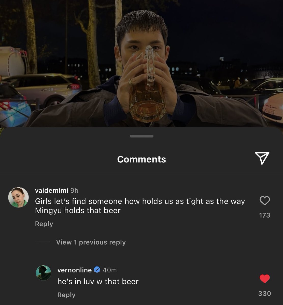 vernon commented on mingyu’s ig post!

💎 girls let’s find someone who holds us as tight as the way mingyu holds that beer
🐻‍❄️ he’s in luv with that beer