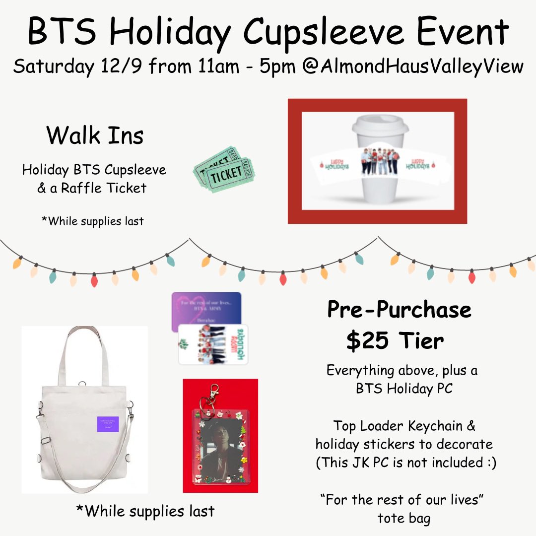 SoCalRoving's tweet photo. Vendor reveal for BTS Holiday Cupsleeve on Saturday 12/9 @almondhausvalleyview Tiers are open for ordering via Linktree in bio (under view more). Come support our vendors. See you there! #kpop #bts #btsmerch #kpopstan #armybts #cupsleeve #tradingcards #tradingpc #kpoptrading #tradingkpop #tradingbts #almondhausvalleyview #GardenGrove