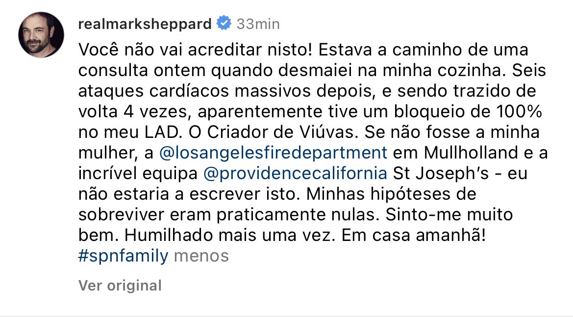 O ator Mark Sheppard compartilhou no Instagram que sofreu 6 INFARTOS ontem após desmaiar em sua cozinha, antes de ir pra uma consulta. 

Ele escreveu que foi trazido 4x de volta, mas agora está bem e amanhã estará em casa. 🥺 melhoras para o nosso rei! 👑

<a href="/Mark_Sheppard/">Mark Sheppard</a> we 💚 u!