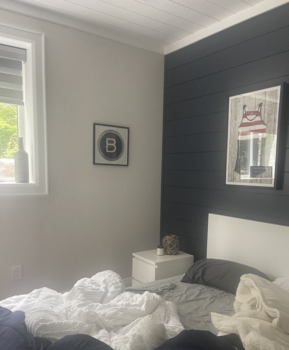 IDesign2090's tweet photo. Here’s another cozy bedroom at the lake house! Try out a feature wall in your next room, it makes all the difference! #interiordesign https://t.co/s1ltkkRzkF