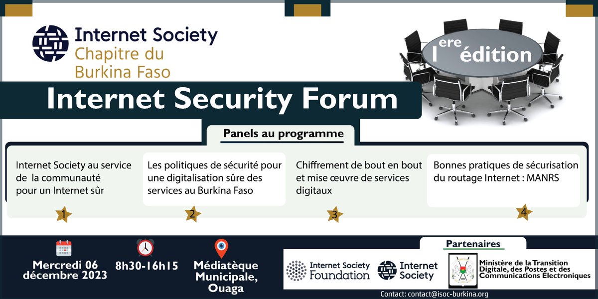 isocbf's tweet photo. Ne doutant pas de l’importance que vous accorderez à cet évènement et sachant compter sur vos engagements et abnégations constants à nous accompagner, ISOC-BF vous remercie d'avance et espère vous retrouver à sa première édition du Internet Security Forum, suivant ce chronogramme https://t.co/mR0byZuAes