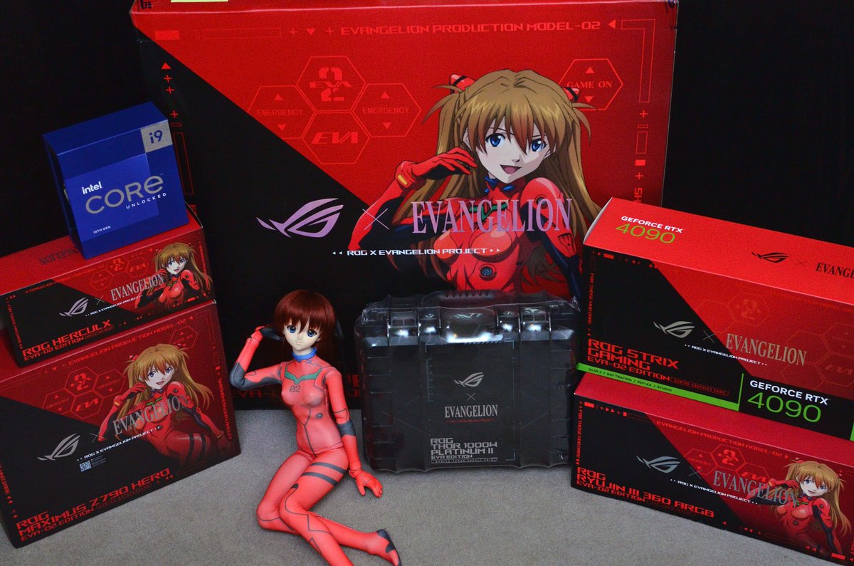 The time to begin #ROGxEVANGELION EVA-02 PC is near!  I have to wait for Black Friday sale.. now I brought the components to family home where my brother and I will build the PC together within the next week or so.  Asuka was enlisted to safeguard the 4090 during transport. 😆😆