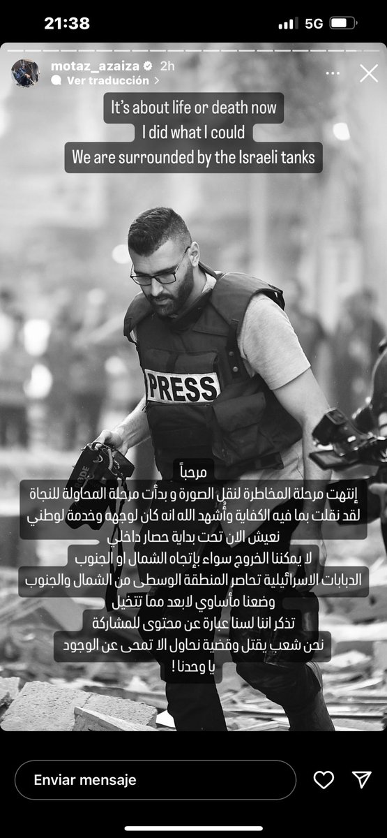 The latest posts from Motaz, Bisan, Ismail Jood and more Palestinian journalists are heartbreaking. They have lost any hope of surviving. They have done everything they could just to share what's happening with us while trying to survive a genocide. I have no words.