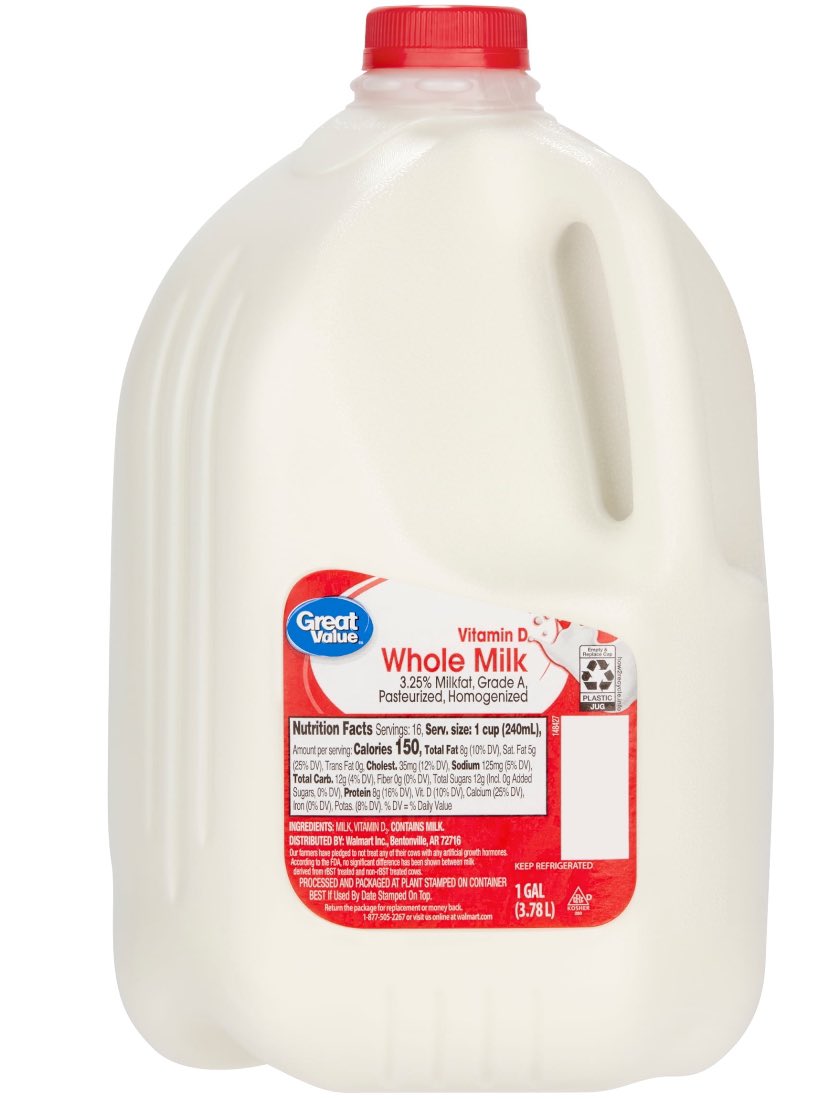 Curious….. what does a gallon of milk cost where you live? Here…. $3.32 for one gallon whole milk, Great Value Walmart brand.