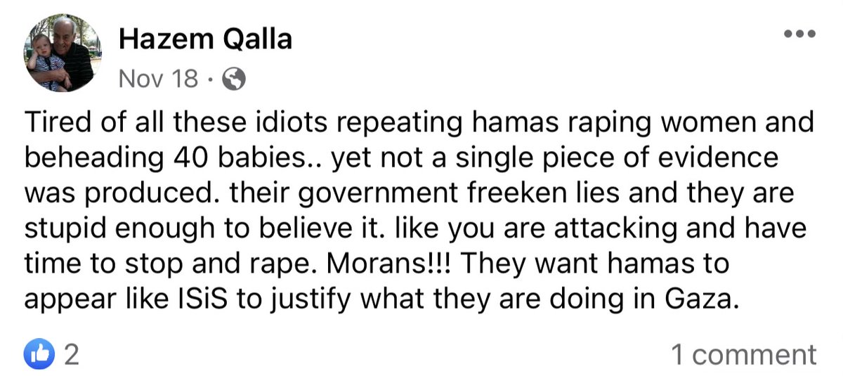 Dr. Hazem Qalla is an OBGYN in Oneida, NY that:

- denies Jewish women were raped by Hamas terrororists
- denies Jewish babies were beheaded by Hamas terrorists 
- claims it was all a lie to make Hamas 'look bad'

Can you imagine being a patient of this man?!

His LinkedIn: