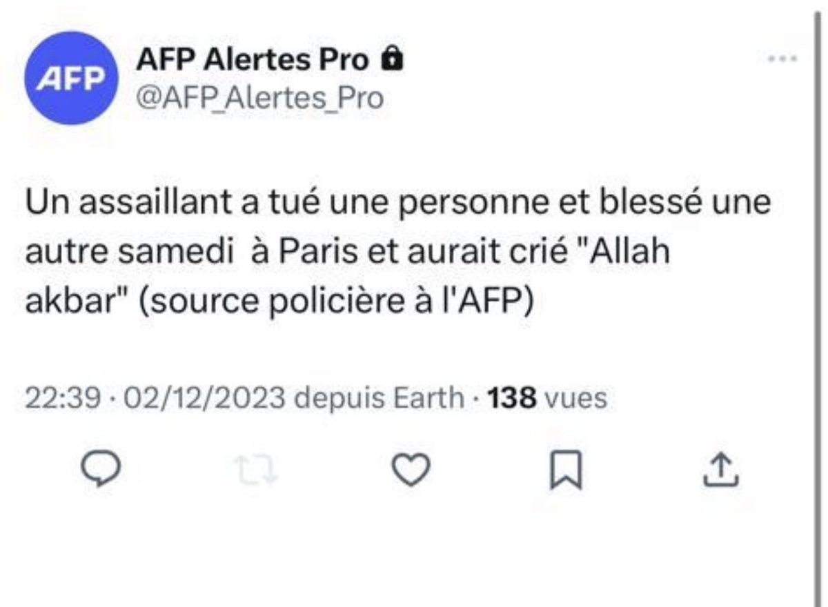 <a href="/afpfr/">Agence France-Presse</a> persiste et signe dans l’à-peu-près journalistique. Le terroriste devient « assaillant »,  on oublie de dire qu’il a poignardé ses victimes  et qu’il est fiché S. Bien entendu, l’emploi du conditionnel évite de préciser le caractère djihadiste de cet attentat. Comme pour