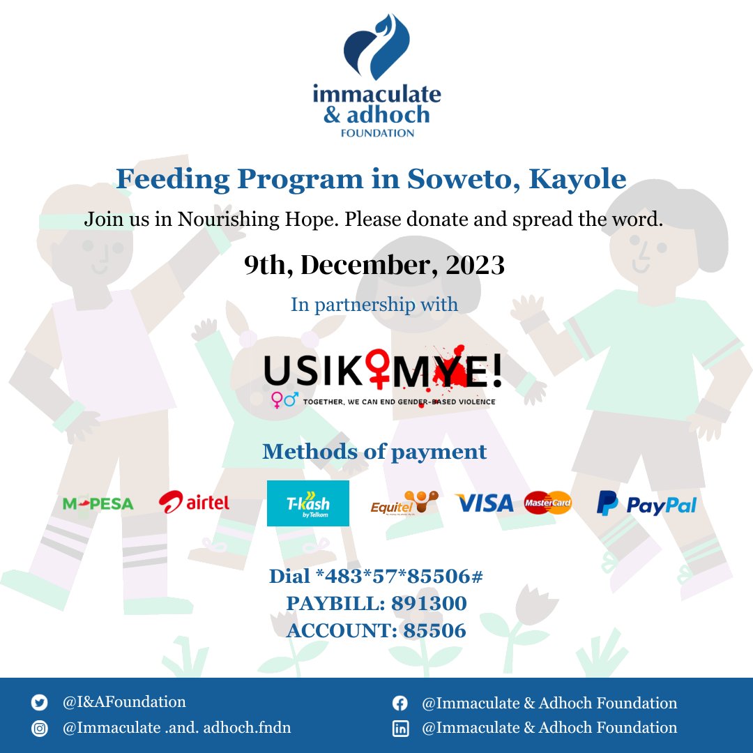 Join us and @Usikimye in spreading the holiday cheer on the 9th of December in Kayole, Soweto.

See link below on how you can support:
mchanga.africa/fundraiser/855…

Thank you! 

#FeedingProgram #ChangingLivesForBetter #ChildProtection #SafeChild #EndingViolence #16DaysOfActivism