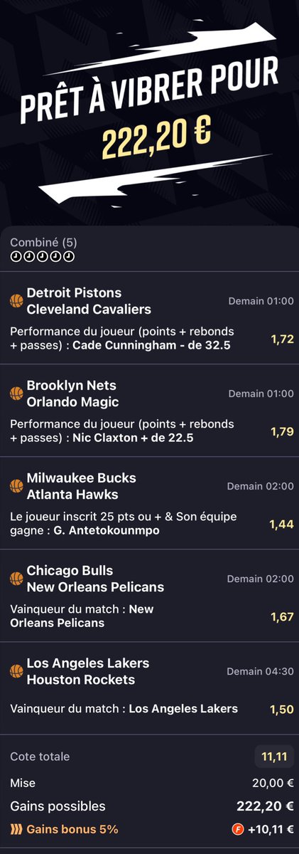 LPronosL's tweet photo. COMBINÉ #NBA ! 🇺🇸

📊 @11.11

❤️ SI TU SUIS ! ⚡️

#TeamParieur #Pronos https://t.co/rrlNLHUwYU