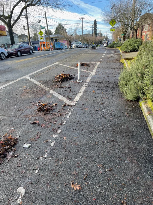 Uphill flexpost protected bike lane freshly cleared of leaves and debris