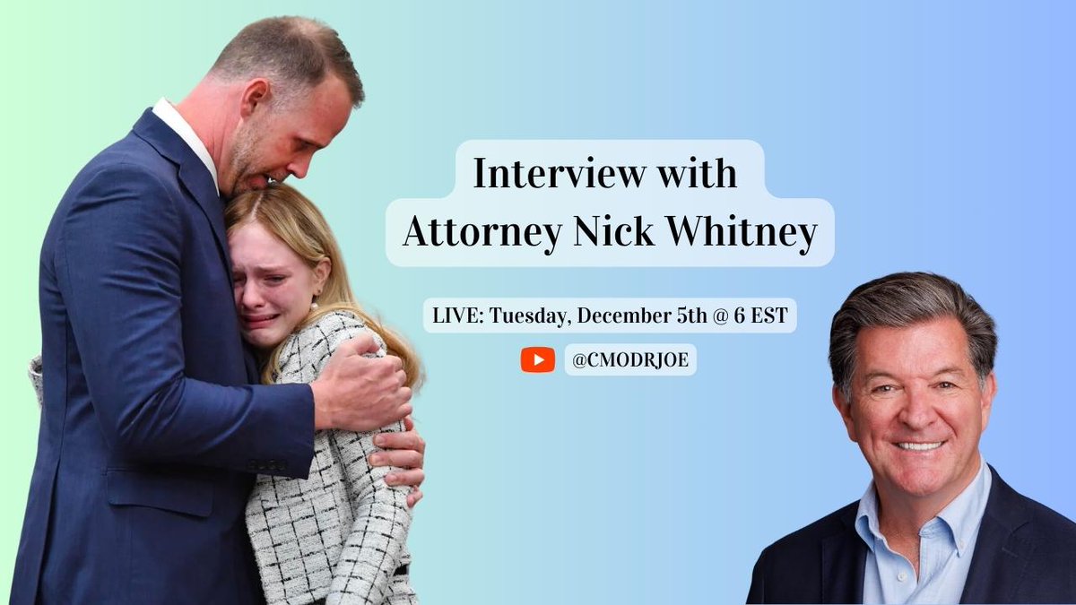 It's HAPPENING -- my first LIVE YouTube episode will feature Attorney Nick Whitney, hot after his $261M verdict vs. #JohnsHopkins All Children's Hospital in the #MayaKowalski trial -- this Tuesday, 12/5 at 6PM EST on YT channel @CMODrJoe.  Join the conversation and submit…