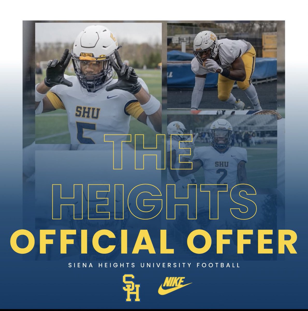 I am extremely blessed to receive an offer from Siena Heights. 
#GoSaints 
<a href="/SienaHeightsFB/">Siena Heights University Football</a> <a href="/CoachKohn12/">Matt Kohn</a> <a href="/CoachJMcGowan/">Jzavion McGowan</a> <a href="/CoachMadridSHU/">Sam Madrid</a> <a href="/CoachShaah/">Coach Shaah</a> <a href="/BRPanthersFB/">Nick Maksimchuk</a>