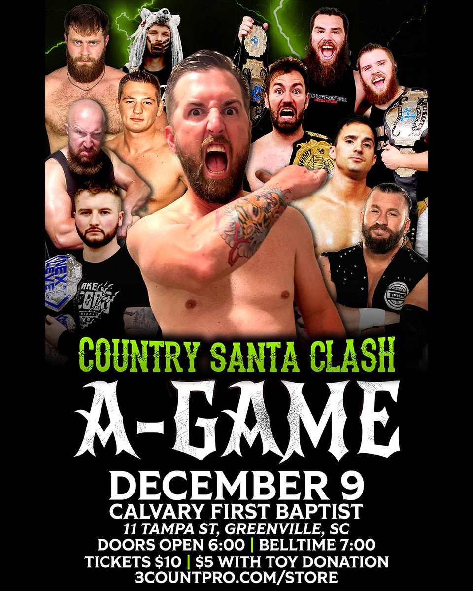 3CountPro's tweet image. ⚡ ONE WEEK AWAY ⚡

Country Santa Clash: A-Game is shaping up to be the biggest show of the year! Don't forget to bring an unopened toy to get half-off your admission price!

What match are YOU looking forward to?