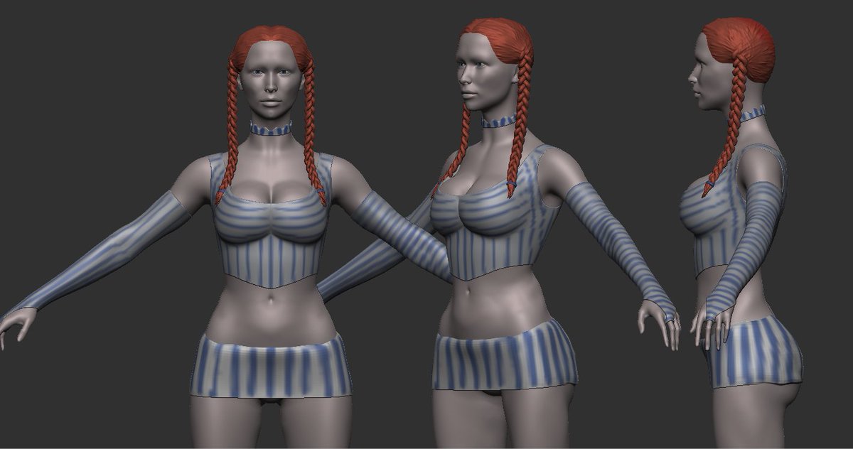 Sculptosaurus's tweet photo. This morning's progress. I started the clothes. haven't decided on the striping on the arms, so went with both for the moment. I am tentatively happy with the way her chest is "squished" and lifted by the corset and I'm happy with the overall shape of the arm gloves and corset. https://t.co/8cjS9bRvVC