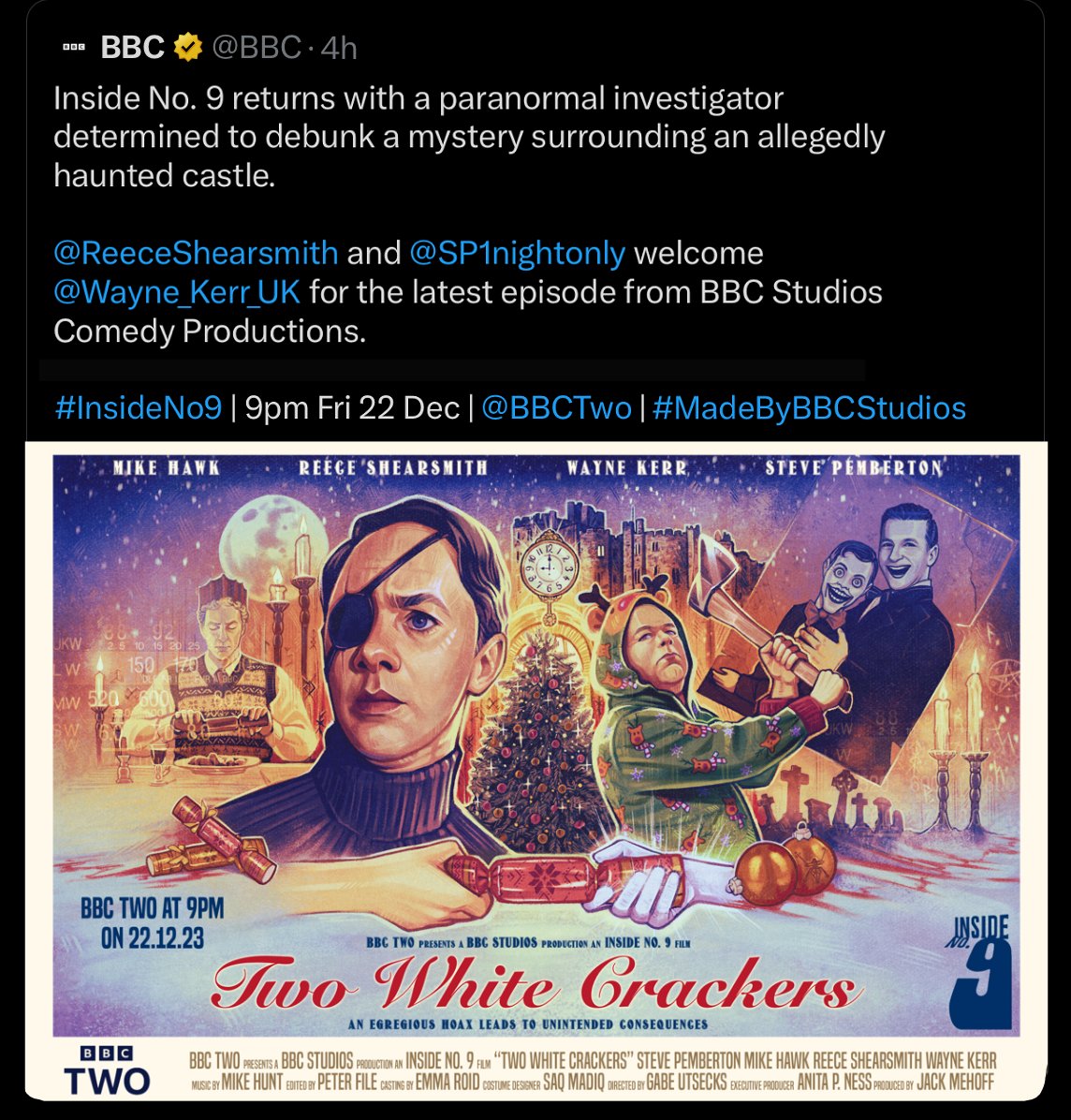 Are you ready to go back Inside No.9? 🐇

Produced by BBC <a href="/SP1nightonly/">Steve Pemberton</a> &amp; @ReeceShearsmith return on 22 December with guest stars <a href="/Wayne_Kerr_UK/">Wayne Kerr</a> and BAFTA nominee Mike Hawk

#InsideNo9