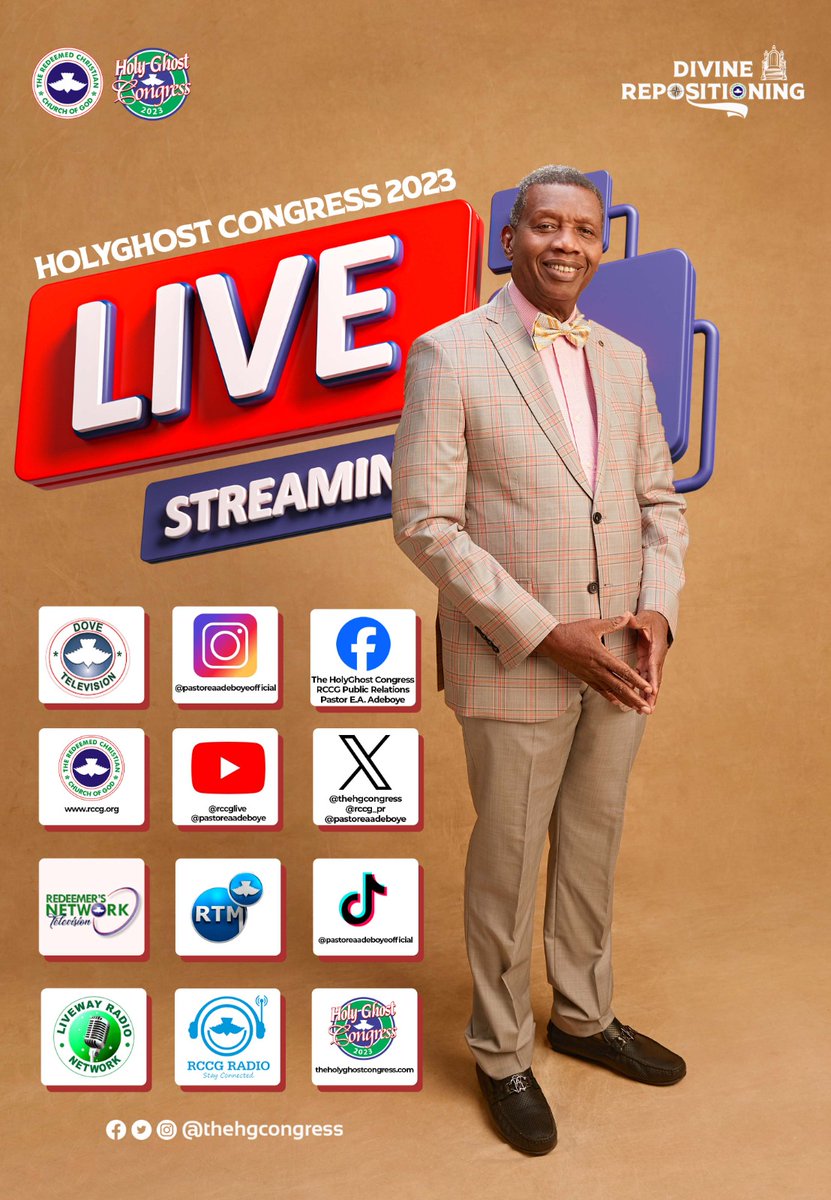 TheHGCongress's tweet photo. You can follow, watch, listen to and stream the 2023 Holy Ghost Congress via the following platforms; @dovetv @REDEEMERSNETWO1 @liveway @myrccgradio1 and other platforms.
Don't miss out on what God is set to do.
Remain blessed and expect a divine repositioning.

#HGC2023 
#DivineRepositioning