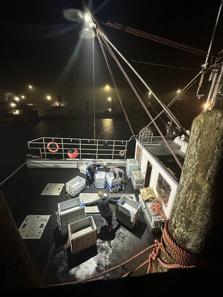 TinaComeaunews's tweet photo. The other end of Dumping Day.
The LFA 34 lobster season opened at 6 a.m. Back at the wharf at 6 p.m. the crew of our family’s lobster boat loads up crates & supplies that didn’t fit this morning. #DumpingDay #novascotia https://t.co/w0rsD6AbeT