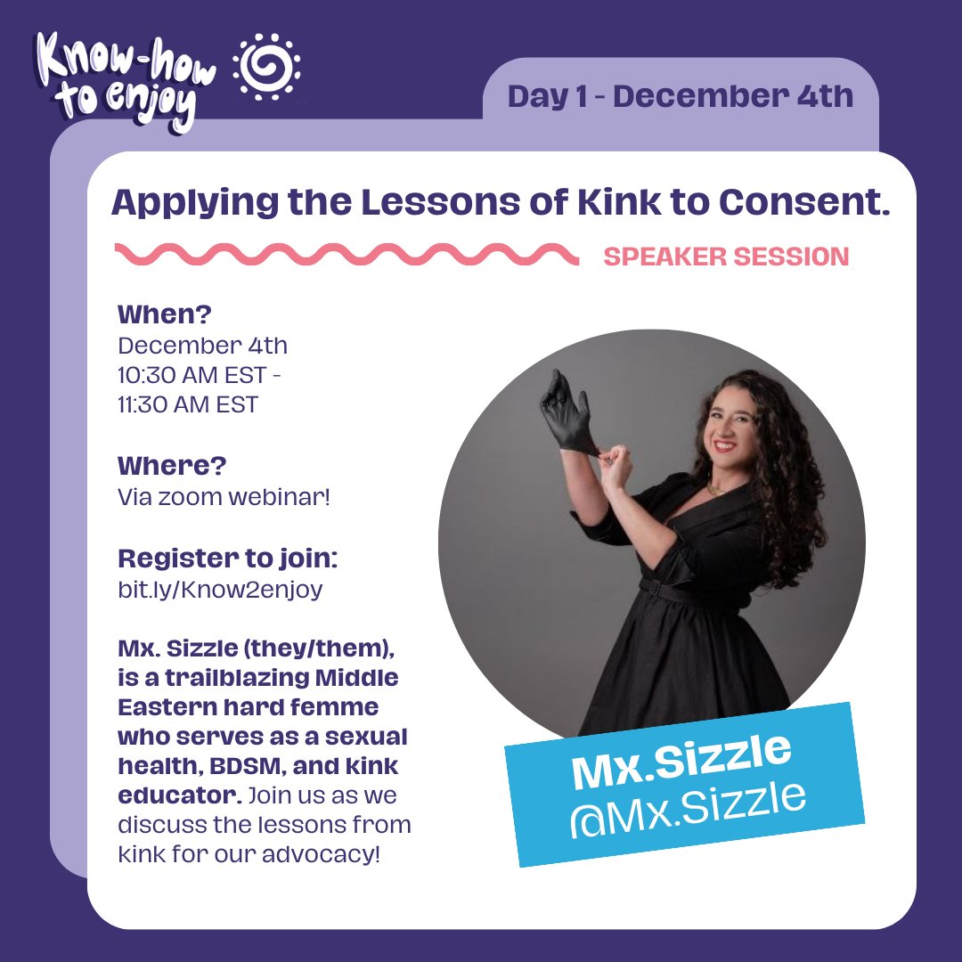 Youth Coalition (@youth_coalition) on Twitter photo And we'll close off the day by listening to <a href="/Mx_Sizzle/">Mx. Sizzle (They/Them)</a> talk about applying the lessons of kink to consent, and about engaging young people when imparting sex education.
⏰ 10:30 AM EST - 11:30 AM EST
🔗 Sign up here: bit.ly/Know2enjoy And we'll close off the day by listening to <a href="/Mx_Sizzle/">Mx. Sizzle (They/Them)</a> talk about applying the lessons of kink to consent, and about engaging young people when imparting sex education.
⏰ 10:30 AM EST - 11:30 AM EST
🔗 Sign up here: bit.ly/Know2enjoy